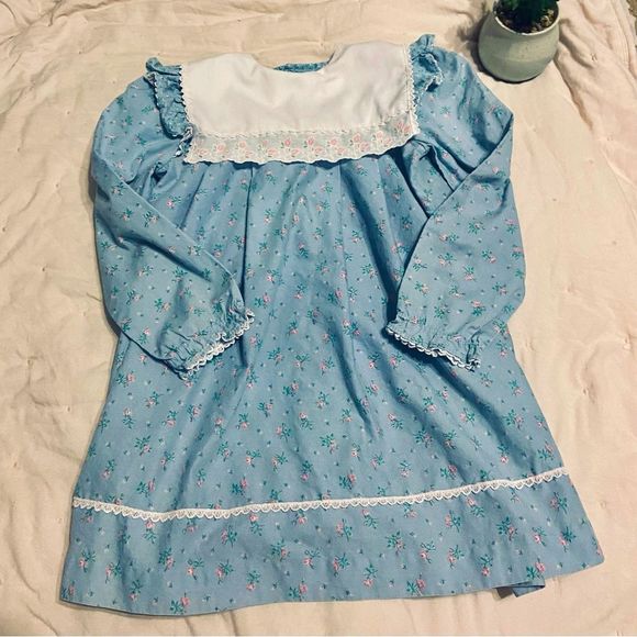 1970s calico cornflower blue dress above knee back to school on the prairie - Picture 1 of 9